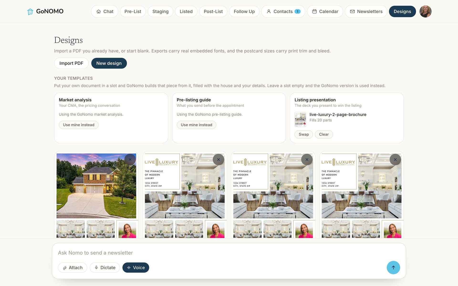 Designs: the agent's own brochure imported and filled with a listing