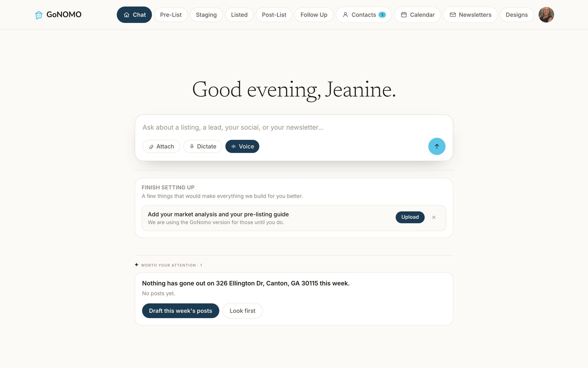 Home: the greeting, the Nomo box, the setup list, and one thing worth your attention